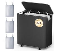 LAMU Cesto portabiancheria a 3 scomparti, cesto portabiancheria da 180 l, con coperchio, 3 scomparti e 6 sacchetti per la biancheria, rimovibile, montaggio rapido, per bagno, camera da letto