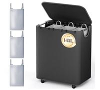 LAMU Cesto portabiancheria a 3 scomparti, grande capacità, con coperchio, con manici robusti, grande cesto portabiancheria per camere da letto, bagni, lavanderia, nero