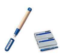 LAMY abc 009 - Penna stilografica in legno d'acero e plastica, pennino in acciaio lucido, spessore A (principianti) (pennino A, penna stilografica + cartucce, blu)