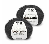 Lana Gatto Silk Mohair Gomitoli Mohair e Seta per Maglia e Uncinetto, 75% Kid Mohair 25% Seta, 2 Gomitoli da 25 g (50 g, 424 m), Ferri n. 3, Filato Soffice e Leggero, Nero, Made in Italy