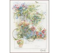 LANARTE Punto Croce Contato Fiori E Bicicletta Decorativi Set Fai da Te Creativo Adulti Ricamo Casa Decor Arte da Parete Kit per Hobby Cross Stitch, Aida, Multicolor, ca. 29 x 39 cm