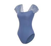 Lanbodance Body da donna a maniche corte per danza classica, costume da ballerina per adulti, Blu scuro/Pizzo, Medium