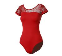 Lanbodance Body da donna a maniche corte per danza classica, ginnastica e danza, Pizzo Rosso Borgogna, X-Large