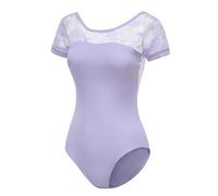 Lanbodance Body da donna a maniche corte per danza e ginnastica, Pizzo lilla, L