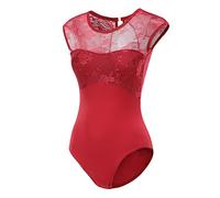 Lanbodance Body da donna a maniche corte per danza e ginnastica, Pizzo Rosso Borgogna, Small
