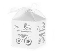 Lance Home® 50pz Bomboniere Carta, Cava Fuori Carrozzina Bambino Candy scatole Regalo, Scatole Cubo Confetti di Nascita Bambino Compleanno Portaconfetti Segnaposto Nastro Accessori Compres Bianco