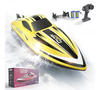 Lancha RC de 35 km/h - Control remoto de 2,4 GHz con alcance de 200 m - Lancha impermeable con LED y función de giro - 2 baterías y refrigeración por agua para piscina, lago, adultos y niños, Amarillo