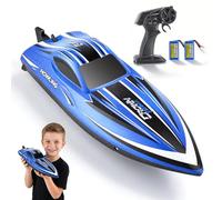 Lancha RC de 35 km/h - Control remoto de 2,4 GHz con alcance de 200 m - Lancha impermeable con LED y función de giro - 2 baterías y refrigeración por agua para piscina, lago, adultos y niños, Azul