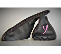 Lancia Ypsilon cuffia leva cambio e freno pelle nera cuciture rosa + ricamo