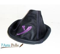 lancia Ypsilon cuffia leva cambio in pelle nera + ricamo viola - NO PLASTICHE
