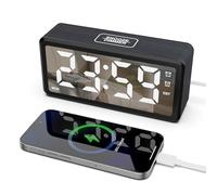 Lancoon Sveglia digitale in legno con grande display LED per la camera da letto DST Dimmerabile Doppio allarme USB Caricabatteria Funzione snooze Modalità giorno feriale/fine settimana Nero