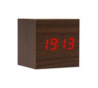 Lancoon Sveglia In Legno - Orologio Digitale Mini Cube A Led Con Display Di Data/Ora/Temperatura, Luminosità A 3 Livelli E Controllo Vocale Ideale Per I Viaggi In Ufficio - AC10Brown_Red