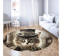 LANDERSION Gatto d'epoca con cappello Tappeti rotondi Misterioso Animale Tappeto circolare moderno Tappeto morbido antiscivolo a pelo corto per ufficio Appartamento Sala giochi 140cm