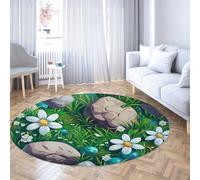 LANDERSION Simpatico tappeto rotondo con fiore bianco prato verde cartone animato decorazione in pietra tappeto tappeto circolare lavabile antiscivolo per camera da letto sala giochi ufficio 120cm