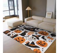 LANDERSION Tappeti di Halloween dei cartoni animati Tappeti sottili pieghevoli antiscivolo Gatto nero Zucca Cappello da strega Scheletro Tappeto lavabile per camera da letto 100x150cm