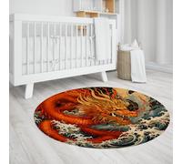 LANDERSION Tappeti rotondi antiscivolo ultra morbidi Mythical Dragon Ocean Wave Arredamento giapponese Tappeto circolare a pelo corto lavabile per soggiorno camera da letto 80cm