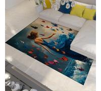 LANDERSION Tappeto moderno fantasy 90X150cm Bellissima ragazza in abito blu con stampa di tappeto farfalla volante e onde oceaniche tappeti lavabili a pelo basso per corridoio camera da letto