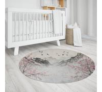 LANDERSION Tappeto per area Cherry Blossoms 200cm Tappeti rotondi giapponesi ukiyoe lavabili per camera da letto Inchiostro Arte Mountain Home Record Soggiorno Tappeti Tappetino interno