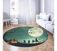 LANDERSION Tappeto rotondo a tema di Halloween Misterioso cielo illuminato dalla luna Sagome di zucca Tappeti antiscivolo a pelo basso Tappeto circolare lavabile per la scuola materna 120cm