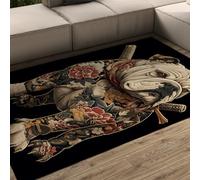 LANDERSION Ukiyo-E Bulldog Tappeto floreale Samurai giapponese Tappeto lavabile in stile moderno per soggiorno Camera da letto Tappetini morbidi a pelo corto 90x120cm
