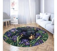 LANDERSION Wildlife Black Bear Round Living Room Rug Purple Iris Flowers Circle Tappeto morbido antiscivolo Tappeto a pelo corto per camera da letto cucina balcone 140cm