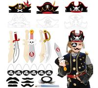 Landifor 24pz Pirata Accessori Bambini Cappelli da Pirata per Bambini 6xPirata Cappello Colorare per Bambini 6xLegno Pirata Bastone Spada 6xBenda Occhi 6xBarba-per Halloween Pirata Regalo Festa