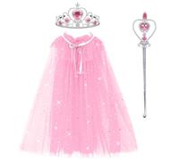 Landifor 3pz Mantello Principessa Bambina Pink Mantello della Principessa Set Mantello Colorato Della Principessa-Mantella in Tulle Corona Bacchetta-per Bambina Travestimento Carnevale Festa(75cm)