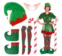 Landifor 5pz Costume Elfo Uomo Donna Costume da Elfo Natalizio Set-Gonfiabile Candy Canes Cappello Elfo Verde Scarpe Elfo Calze Elfo Orecchie da Elfo-per Travestimento Festa Cosplay Elfi Accessorio
