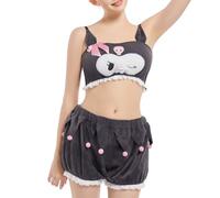 Landofgenie Fluffy Top Pants Cozy Set Crop Top E Short Set per Le Donne Taglio Anime Pigiama Fuzzy Romper Grigio S