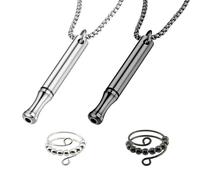 Landrain 2 pezzi collana contro la paura con 2 anelli Anxiety Set catena con fischietto per uomo donna meditazione sollievo stress, Acciaio inossidabile
