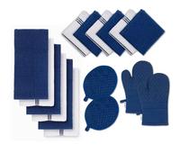 LANE LINEN Set di 16 strofinacci con guanti da forno e presine in silicone, strofinacci da cucina in cotone, piatto assorbente e asciugamani per le mani, indaco