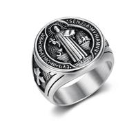 L'anello,， Anello con preghiera di benedizione dell'esorcismo San Benedetto - sigillo religioso gotico in acciaio inossidabile for uomo(Q)