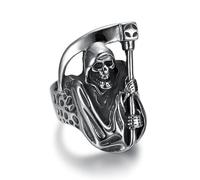 L'anello,， Anello in acciaio al titanio con teschio e ossa incrociate scolpito in 3D for festival Black Metal, stile motociclista punk dark resistente(O)