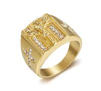 L'anello,， Gesù quadrato e Vergine Maria ovale, acciaio inossidabile placcato oro con croce laterale in zirconia cubica(Jesus,Y)