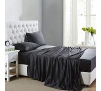 Lanest Housing Set di lenzuola in raso di seta, 4 pezzi, per letto matrimoniale, con tasche profonde, morbide e ipoallergeniche, colore nero