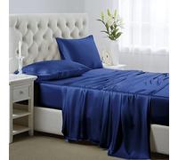 Lanest Housing Set di lenzuola in raso di seta, per letto matrimoniale, con tasche profonde, morbide e ipoallergeniche, colore blu navy