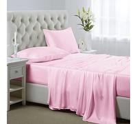 Lanest Housing Set di lenzuola in raso di seta, per letto matrimoniale, con tasche profonde, morbide e ipoallergeniche, colore rosa