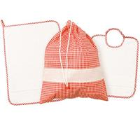 LaneWorld Set Asilo da Ricamare 3 Pezzi, Bavaglia Salvietta e Sacchetto in Cotone con Tela Aida Intarsiata, Corredo Punto Croce Personalizzabile, Colori Assortiti (rosso)