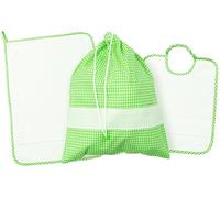 LaneWorld Set Asilo da Ricamare 3 Pezzi, Bavaglia Salvietta e Sacchetto in Cotone con Tela Aida Intarsiata, Corredo Punto Croce Personalizzabile, Colori Assortiti (verde)