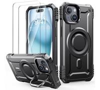 Lanhiem Cover per iPhone 15 con Cavalletto, [Compatibile con Magsafe] con 2 pezzi Vetro Temperato, 14FT Militare Antiurto Resistente, Rugged Armor Custodia, Supporto per Fotocamera Integrato, Nero