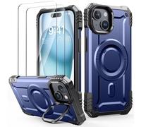 Lanhiem Cover per iPhone 15 con Cavalletto, [Compatibile con Magsafe] con 2 pezzi Vetro Temperato, 14FT Militare Antiurto Resistente, Rugged Armor Custodia, Supporto per Fotocamera Integrato, Blu