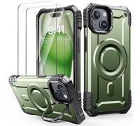 Lanhiem Cover per iPhone 15 con Cavalletto, [Compatibile con Magsafe] con 2 pezzi Vetro Temperato, 14FT Militare Antiurto Resistente, Rugged Armor Custodia, Supporto per Fotocamera Integrato, Verde