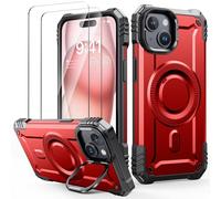 Lanhiem Cover per iPhone 15 con Cavalletto, [Compatibile con Magsafe] con 2 pezzi Vetro Temperato, 14FT Militare Antiurto Resistente, Rugged Armor Custodia, Supporto per Fotocamera Integrato, Rosso
