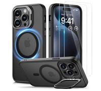 Lanhiem Cover per iPhone 15 Pro MagSafe con Cavalletto, con 2 Pezzi 9H Vetro Temperato, Magnetico Militare Antiurto Anticaduta Protezione, Custodia per iPhone 15 Pro Case, Traslucida Nero