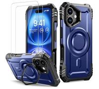 Lanhiem Cover per iPhone 16 con Cavalletto, [Compatibile con Magsafe] con 2 pezzi Vetro Temperato, 14FT Militare Antiurto Resistente, Rugged Armor Custodia, Supporto per Fotocamera Integrato, Blu