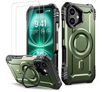 Lanhiem Cover per iPhone 16 con Cavalletto, [Compatibile con Magsafe] con 2 pezzi Vetro Temperato, 14FT Militare Antiurto Resistente, Rugged Armor Custodia, Supporto per Fotocamera Integrato, Verde