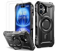 Lanhiem Cover per iPhone 16 con Cavalletto, [Compatibile con Magsafe] con 2 Pezzi Vetro Temperato, 14FT Militare Antiurto Resistente, Rugged Armor Custodia, Supporto per Fotocamera Integrato, Nero
