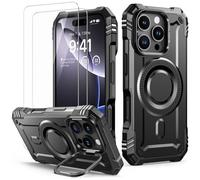 Lanhiem Cover per iPhone 16 PRO con Cavalletto, [Compatibile con Magsafe] con 2 Pezzi Vetro, 14FT Militare Antiurto Resistente, Rugged Armor Custodia 16 PRO, Supporto per Fotocamera Integrato, Nero