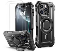 Lanhiem Cover per iPhone 16 PRO Max con Cavalletto, [Compatibile con Magsafe] con 2 Pezzi Vetro, 14FT Militare Antiurto Resistente, Rugged Armor Custodia, Supporto per Fotocamera Integrato, Nero