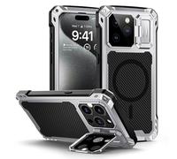 Lanhiem Custodia in metallo per iPhone 15 Pro Max[schermo in vetro temperato][Supporto per fotocamera] Cover antiurto di livello militare per iPhone 15 Pro Max,Argenteo